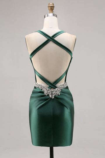 Sparkly Dark Green Satin Corset Short Cocktail Dress